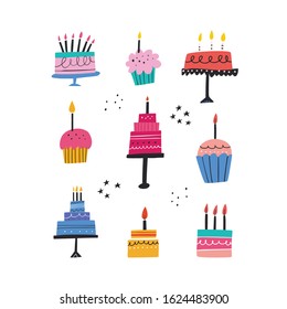 Birthday baked cakes flat vector illustrations set