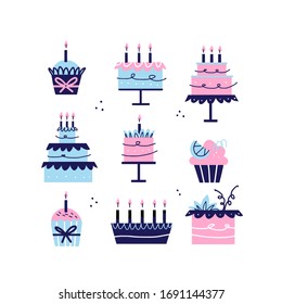 Birthday baked cakes flat vector hand drawn illustrations set. Scandinavian style