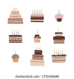 Birthday baked cakes flat vector illustrations set.
Flat set of cake birthday vector icons for web design.