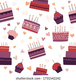 Birthday baked cakes flat vector illustrations  pattern.