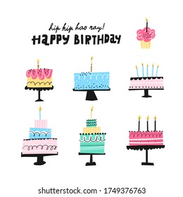 Birthday baked cakes set. Cakes collection. Cartoon vector illustration of different types of beautiful and cute cakes.