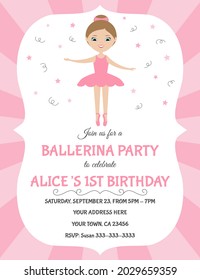 Invitación a una fiesta de baile de cumpleaños. Bailarina de niña con traje de tutu rosado. Personaje de dibujos animados. Ilustración del vector