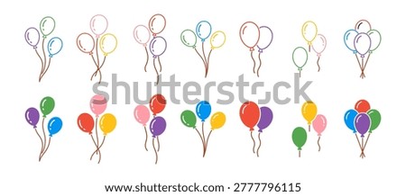 Birthday balloon bouquet icon set with colorful outline and filled party decoration vector collection