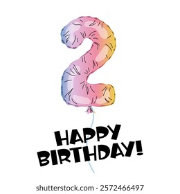 Birthday balloon. Decor for party, birthday. Number 2 made with foil holographic. Happy Birthday Lettering. Greeting card. Rainbow number. 