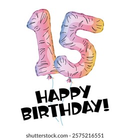 Birthday balloon. Decor for party, birthday. Number 15 made with foil holographic. Happy Birthday Lettering. Greeting card. Rainbow number.