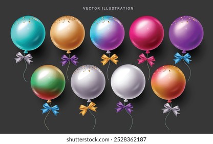 Diseño de conjunto de Vector de globo de cumpleaños. Globo flotante colorido con cinta de lazo y Elementos de confeti de oro para regalo de fiesta de cumpleaños. Ilustración vectorial de los niños fiesta decoración realista.
