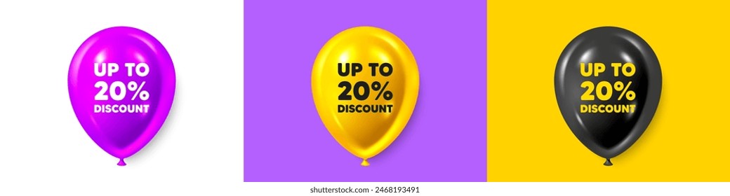 Birthday balloons 3d icons. Up to 20 percent discount. Sale offer price sign. Special offer symbol. Save 20 percentages. Discount tag text message. Party balloon banners with text. Vector