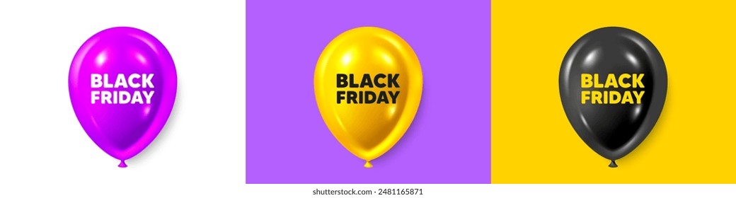 Globos de cumpleaños 3d iconos. Venta de Black Friday. Oferta especial Precio de señal. Símbolo de descuentos publicitarios. Mensaje de texto del viernes negro. Anuncios de globo de fiesta con texto. Globo de cumpleaños o venta. Vector