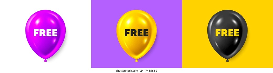 Birthday balloons 3d icons. Free tag. Special offer sign. Sale promotion symbol. Free text message. Party balloon banners with text. Birthday or sale ballon. Vector
