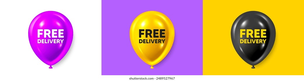 Birthday balloons 3d icons. Free delivery tag. Shipping and cargo service message. Business order icon. Free delivery text message. Party balloon banners with text. Birthday or sale ballon. Vector