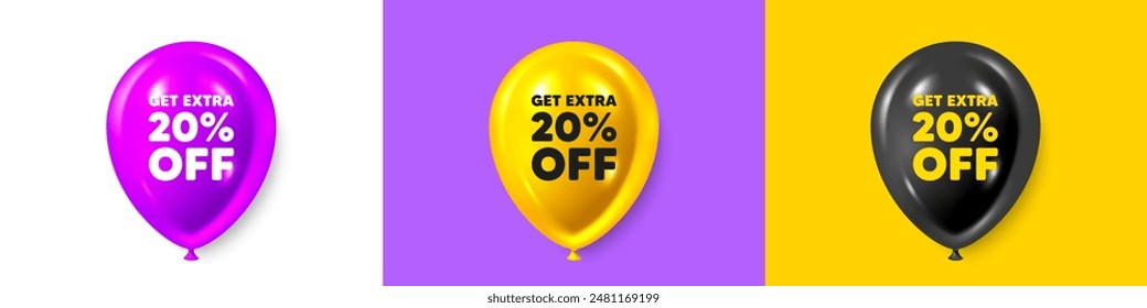 Globos de cumpleaños 3d iconos. Consiga un 20% de descuento adicional en ventas. Precio de oferta de descuento. Símbolo de oferta especial. Guardar 20 porcentajes. Mensaje de texto con descuento adicional. Anuncios de globo de fiesta con texto. Vector