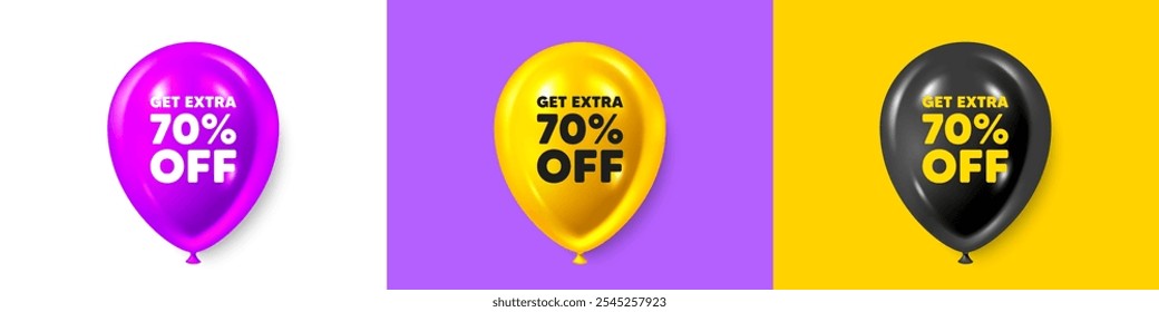 Globos de cumpleaños iconos 3d. Obtenga un 70 por ciento extra de descuento en ventas. Muestra de Precio de oferta de descuento. Símbolo de oferta especial. Guardar 70 porcentajes. Mensaje de texto con descuento adicional. Anuncios de globo de fiesta con texto. Vector