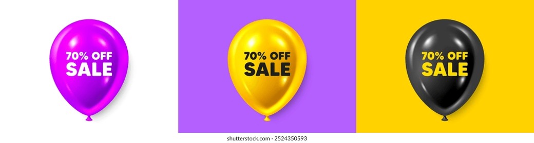 Birthday balloons 3d icons. Sale 70 percent off discount. Promotion price offer sign. Retail badge symbol. Sale text message. Party balloon banners with text. Birthday or sale ballon. Vector
