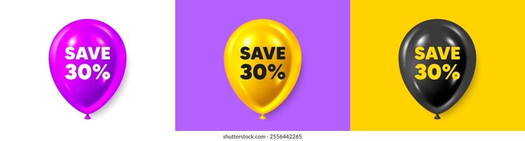 Birthday balloons 3d icons. Save 30 percent off tag. Sale Discount offer price sign. Special offer symbol. Discount text message. Party balloon banners with text. Birthday or sale ballon. Vector