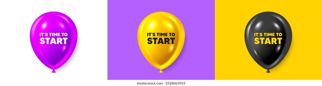 Birthday balloons 3d icons. It is time to start tag. Special offer sign. Advertising discounts symbol. Time to start text message. Party balloon banners with text. Birthday or sale ballon. Vector