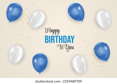 Birthday balloons banner design Happy birthday greeting text with elegant white and blue  balloon for birth day celebration messages card design