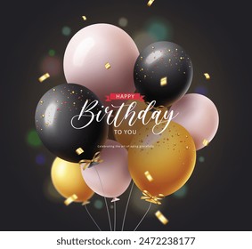 Birthday balloons bunch vector design. Happy birthday greeting text with bunch of black, gold, white and confetti decoration elements for elegant invitation card concept. Vector illustration birthday 