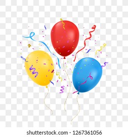 Birthday balloons with confetti isolated on transparent background. Happy birthday concept. Vector illustration.