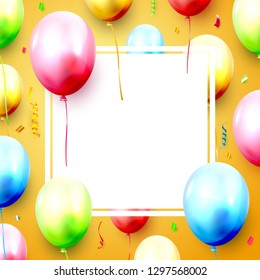 Birthday balloons and confetti on orange background. Space for your text