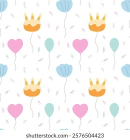 Birthday balloons different shapes vector flat seamless pattern