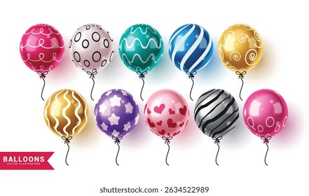 Birthday balloons elements clipart set. Colorful printed and pattern inflatable balloons clip art collection for birthday, anniversary, valentines and wedding decoration elements vector illustration.
