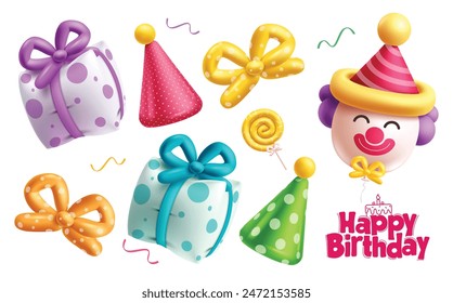 Birthday balloons elements vector set design. Balloons inflatable in gift, party hat, clown and ribbon shape isolated collection for party decoration elements. Vector illustration birthday balloon 