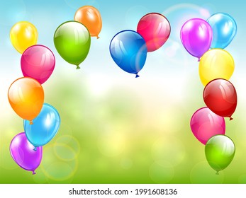 Birthday balloons flying on nature background. Holiday theme with colorful balloons. Illustration can be used for holiday design, poster, card, website, banners.