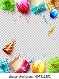 Birthday balloons, gifts and confetti on transparent background - Luxury birthday template