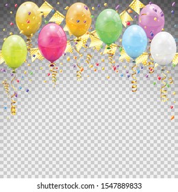 Birthday with balloons, golden streamer twisted ribbons flags. birthday carnival, Christmas party, New Year decoration with transparent balloon. isolated vector illustration on transparent background