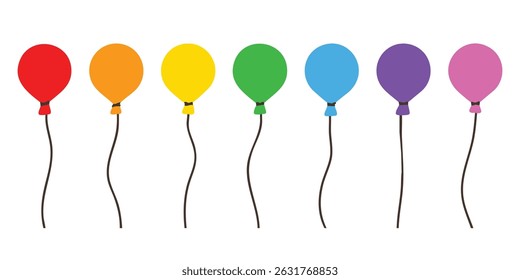 Birthday balloons in multiple colours. Colours of the rainbow, red, orange, yellow, yellow, green, blue, purple, pink. Balloons for birthday cards and party banners. Vector illustration, EPS 10.