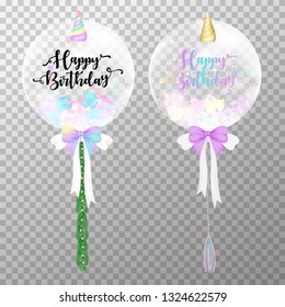 Birthday balloons on transparent background. Realistic Unicorn helium balloon vector illustration. Kawaii air balloons for decorations birthday party design template.