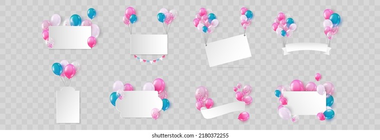 Birthday balloons, set of party design, isolated on png background. Festive 3d helium balloons flying for party, vector template for anniversary, birthday party design. Vector celebration banner.