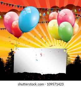 Birthday balloons with sunset and place for your text