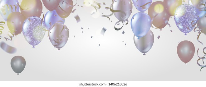 Birthday balloons template illustration. Confetti and ribbons, Celebration background
