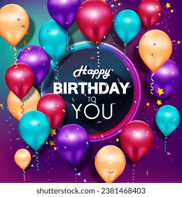 Birthday balloons vector background design. Happy birthday to you text with balloon and confetti decoration element for birth day celebration greeting card design. Vector illustration