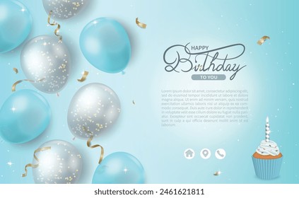 Birthday balloons vector background design. Happy birthday to you with balloons and cup cake decoration elements for birthday celebration greeting card design.