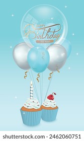 Birthday balloons vector background design. Happy birthday to you with balloons and cup cake decoration elements for birthday celebration greeting card design.