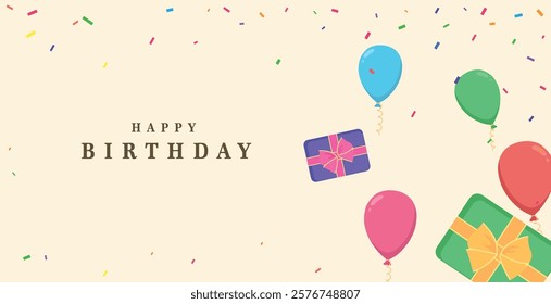 Birthday balloons vector background design. Happy birthday text with balloon and confetti decoration element for birth day celebration greeting card design vector illustration.