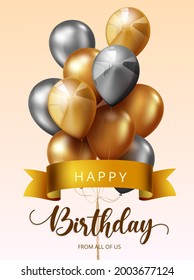 Geburtstagsballons, Vektordesign. Herzlichen Glückwunsch zum Geburtstag Grußtext mit elegantem Ballon-Bunch und Brillenelementen für Geburtstagsfeier Dekoration. Vektorgrafik