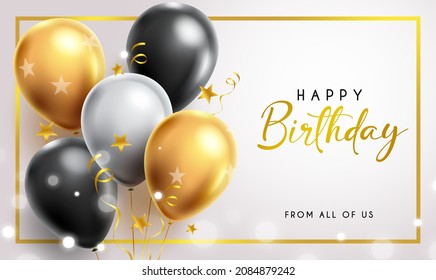 Birthday balloons vector design. Happy birthday greeting text with elegant gold and black balloon in golden frame for birth day celebration messages card design. Vector illustration
