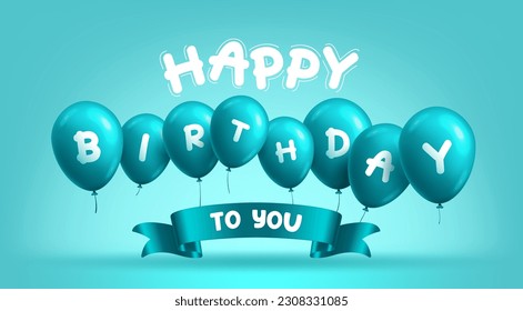 Birthday balloons vector design. Happy birthday greeting text with floating blue balloon party elements. Vector illustration invitation card background.