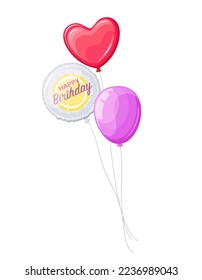Birthday balloons vector illustration. Cartoon isolated flying helium balloons for anniversary party, bunch of red, purple and white festive inflatable ballons on string with Happy Birthday text