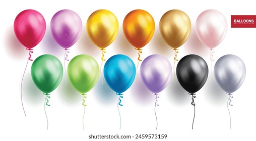 Birthday balloons vector set design. Birthday balloon inflatable colorful collection in glossy, shiny and  floating elements for event celebration decoration. Vector illustration birthday balloons 