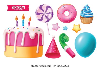 Birthday balloons vector set design. Balloons birthday inflatable elements collection in glossy and shiny colorful party decoration in isolated background. Vector illustration birthday balloon design.