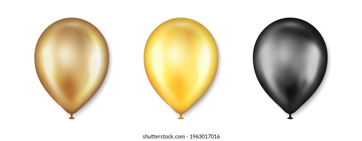 Juego de vectores de globos de cumpleaños. Globo dorado y negro para celebración de bodas. Celebrar el aniversario, globo de oro de Helio. Fiesta decoraciones románticas. Elementos realistas de la fiesta de cumpleaños. Vector