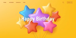 Birthday Banner With Bunch Of Colourful Star Shaped Balloons, 3d Volume Cartoon Style Graphics On Yellow Background