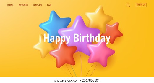 Birthday banner with bunch of colourful star shaped balloons, 3d volume cartoon style graphics on yellow background