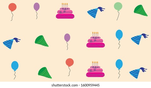 Birthday banner card frame template with colorful balloons, apple character cartoon, birthday cake, birthday hat  and copy space