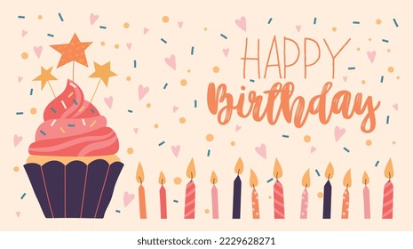 Birthday banner concept. Cupcake with candles, stars and confetti. Design for invitation and greeting postcard. Holiday and festival, surprise and anniversary. Cartoon flat vector illustration