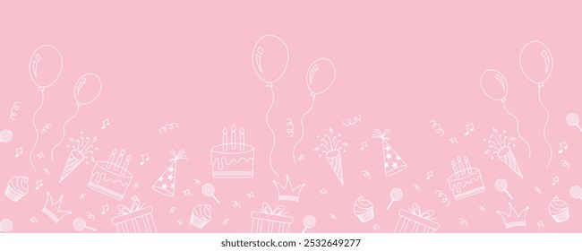 Birthday Banner Design on Pink Background. Happy Birthday Fun Hand-Drawn Party Seamless Background with Celebration Elements, Birthday Design for Birthday Banners, Textiles, Wallpapers, and Wrapping, 